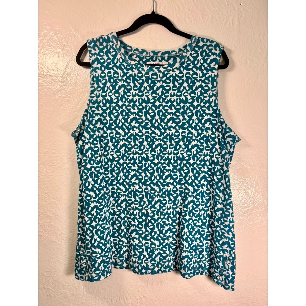 Chico's Woman's Tank Top Geo Pattern Teal Sz XXL Cruise Vacation Beach Casual